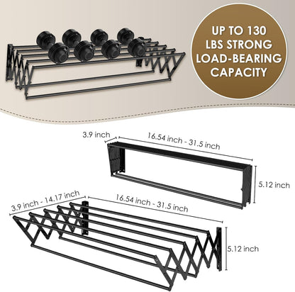 XL-31.5'' Wall Mounted Clothes Drying Rack, 130 lbs Large Capacity Rustproof Retractable Collapsible Drying Rack Easy Install with 7 Drying Rods, Space Saving Towel Clothes Rack for Laundry-Black