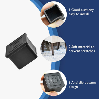 16 Pcs 1-1/4" x 1-1/4" Square Rubber Chair Leg Caps, PVC Table Leg Covers, Flexible & Anti-Slip Furniture Leg End Caps, Chair Leg Floor Protectors for Bar Stool Leg Patio Indoor, Black