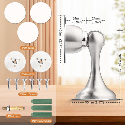 Probrico Brushed Nickel Magnetic Door Stoppers for Bottom of Door, Stainless Steel Magnet Door Catch Door Stops to Keep Door Open, Heavy Duty Door Holder, Wall and Floor Mounting, 2 Pack