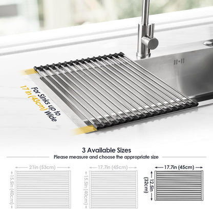 Tomorotec 17.7" x 12.5" Roll Up Dish Drying Rack Over Sink Drying Rack Sink Cover Kitchen Sink Accessories Gadget Multipurpose Organizer Foldable Stainless Steel Drainer
