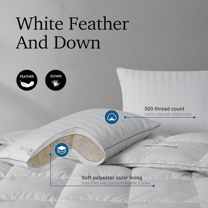 Hotel Grand Softy-Around Feather Down Pillows Queen Size Set of 2 Packs White Strip 100% Cotton Fabric Bed Pillows for All Position Sleepers,28"x20"/2 Packs