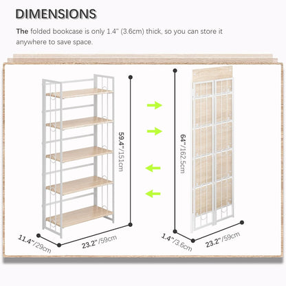 4NM No Assembly 5 Tiers Folding Bookshelf, 59.4" H Foldable Storage Shelves Vintage Bookcase Standing Racks Study Organizer Home Office - Natural White