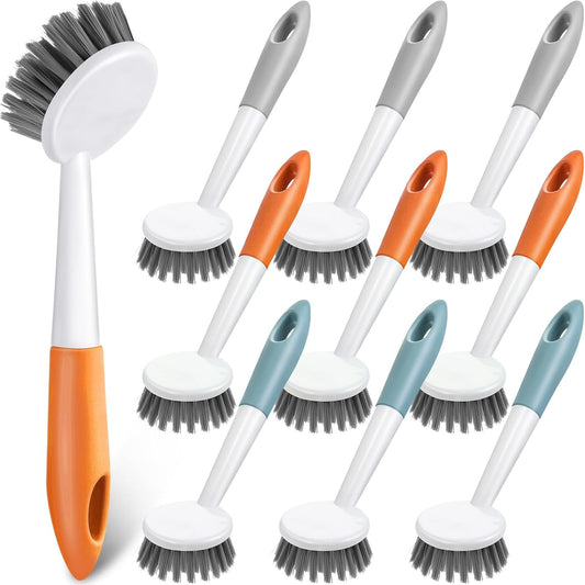 Patelai 12 Pack Kitchen Scrub Dish Brush with Long Handle Dish Scrubber with Stiff Bristles Scrub Brushes for Kitchen Dishes Washing Tools, Pots, Pans and Sink Cleaning (Multicolor)