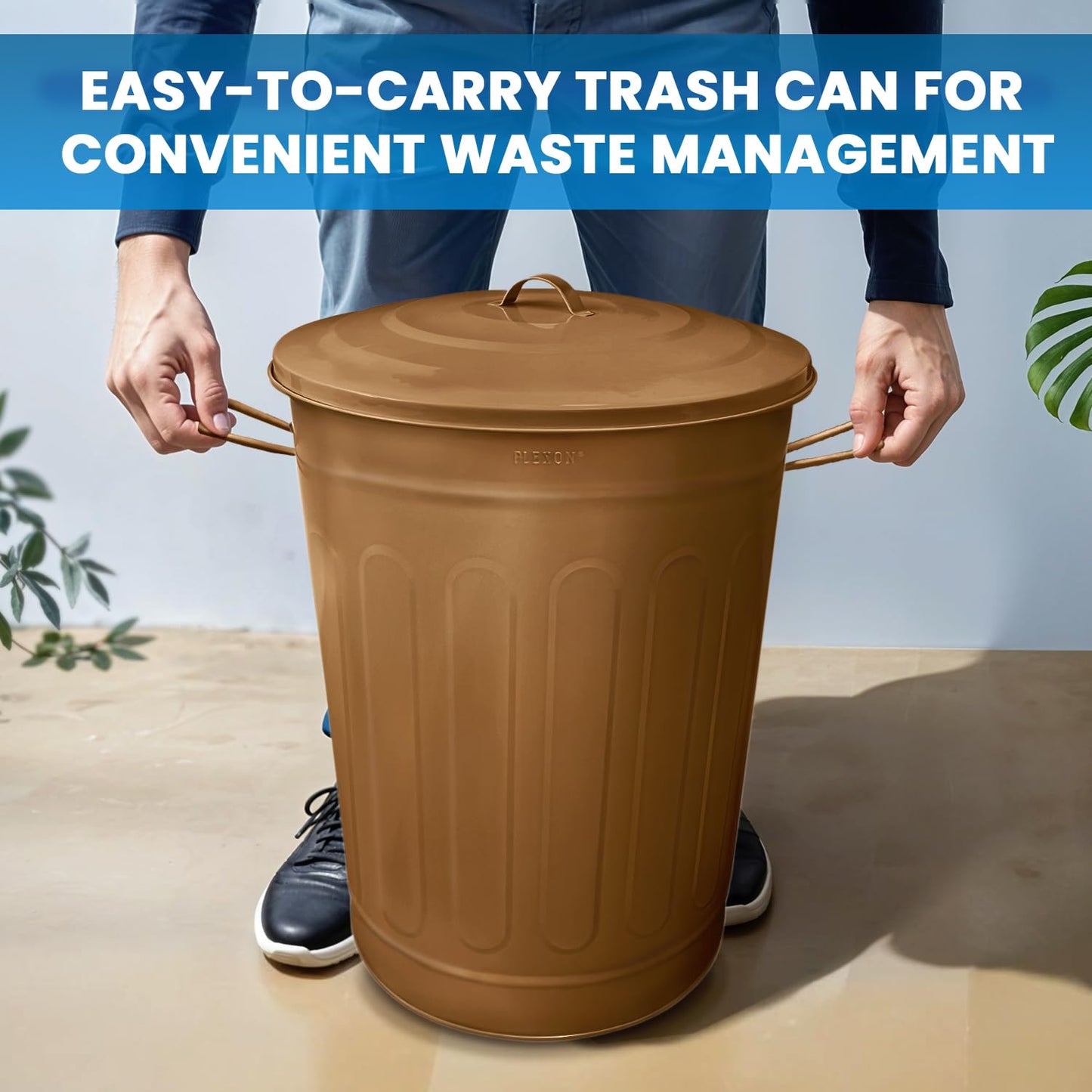 Plexon Round Trash Can 13 Gallon, Vintage Metal Outdoor Trash Can with Lid, Retro Farmhouse Garbage Container, Old School Modern Ash Bucket, Copper