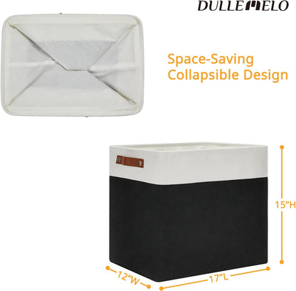 DULLEMELO Large Fabric Basket for Organizing, 17"x12"x15" Storage Basket With Leather Handles, Collapsible Storage Bin for Clothes, Toys, Books, Office, Bedroom, Closet, Nursery&Laundry (White&Black)