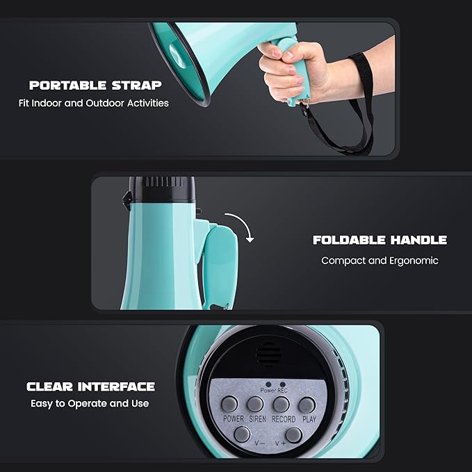 MyMealivos 20W Megaphone Bullhorn, Built in Siren & 240s Recording, 5.4"×8.6" Portable Megaphone with Volume Control Cover Up to 300 feet+ for Indoor and Outdoor Activities(Teal)