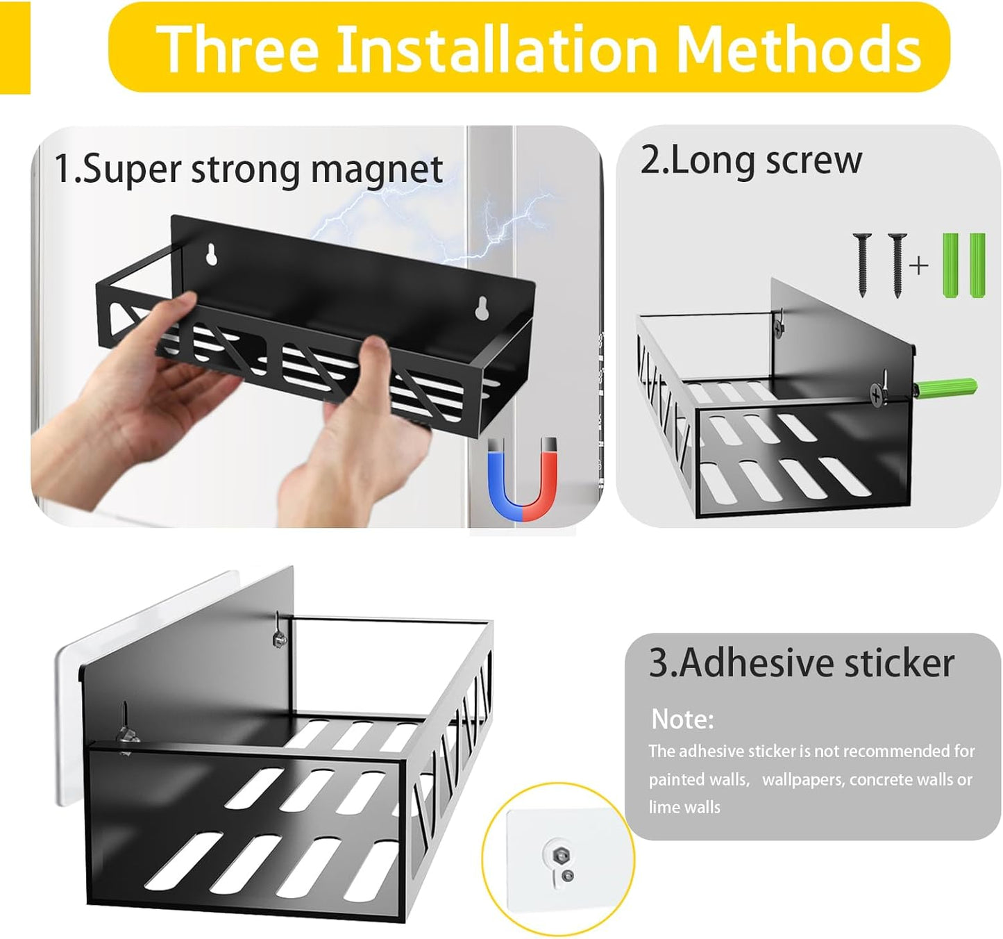 Magnetic Spice Rack Organizer for Fridge Seasoning Organizer for Kitchen storage with Screw or Adhesive Hanging,Magnetic Shelf with Hook for Refrigerator and Oven (Black, 5pack&12pcs)