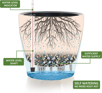 Dexceder 15x14 Self Watering Planter with Wheels Indoor Outdoor, Inner Pot Design, Thickened Large Floor Standing Flower Plant Pot with Water Level Indicator (Grey Gold Crackle)