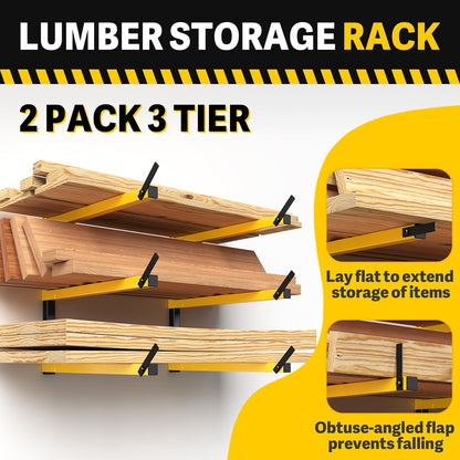 GREENER Lumber Storage Rack Folding Wood Storage Racks Wall-Mounted Metal Racks for Storage with 3-Level Heavy Duty Garage Wood Organizer for Woodworking Shop Indoor & Outdoor Use, 2 pairs,Yellow
