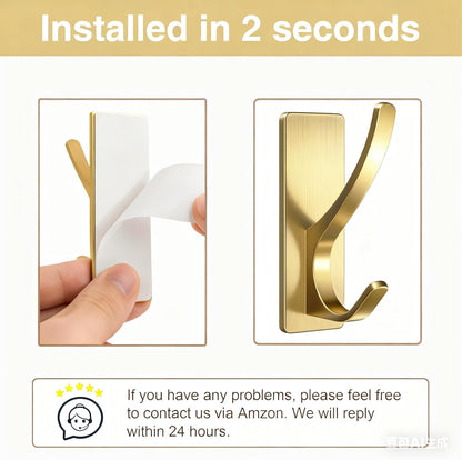 pickpiff Self Adhesive Coat Hooks for Hanging, Heavy Duty Stainless Double Wall Hook for Towel, Backpack, Hat, Sturdy Metal Hanger for Bathroom, Bedroom, Door, Wall Mounted, 4-Pack, Brushed Gold