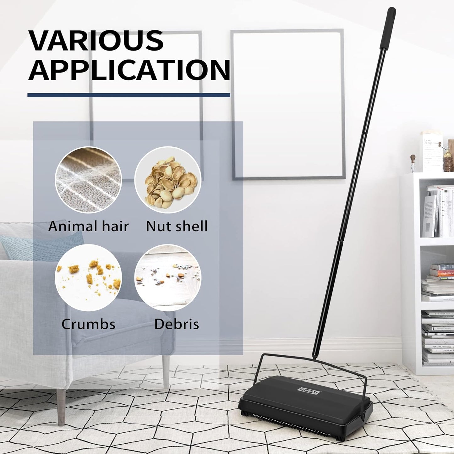 JEHONN Carpet Floor Sweeper Manual with Horsehair, Non Electric Quite Rug Roller Brush Push for Cleaning Pet Hair, Loose Debris, Lint (Black)