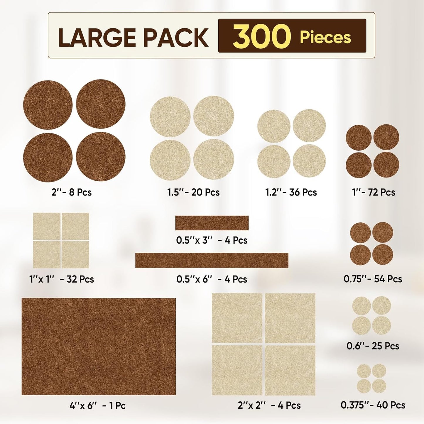 BALEINE 300PCS Felt Furniture Pads, Multi-Size Felt Pads for Chair Legs, Tables, Beds, Scratch-Reducing Floor Protectors for Hardwood Floors, Tile, Vinyl, and Laminate (300PCS, Beige+Brown)