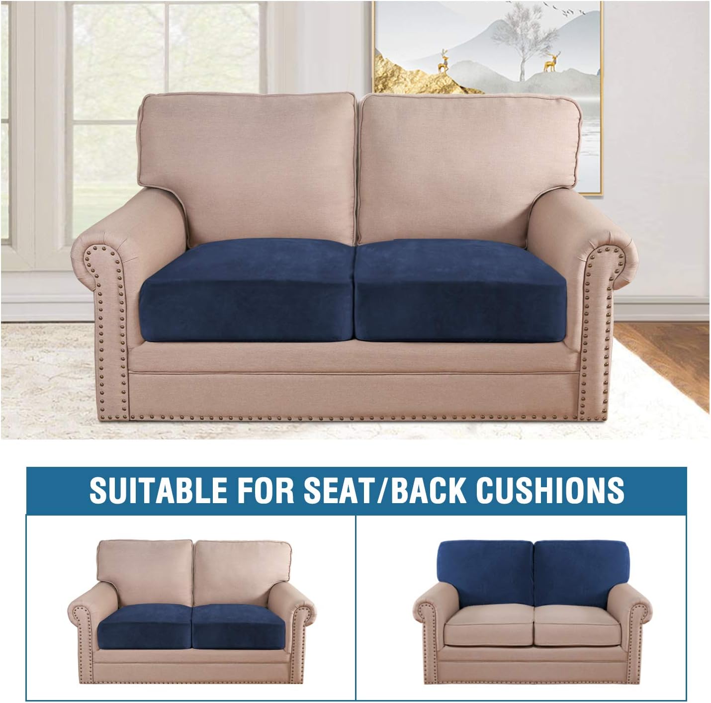 H.VERSAILTEX Velvet Stretch Couch Cushion Cover Plush Cushion Slipcover for Chair Loveseat Sofa Cushion Furniture Protector Seat Cushion Sofa Cover (2 Piece Large Sofa Cushion Covers, Navy)