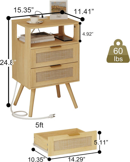 Rattan Nightstand with Charging Station,Modern Bedside Table with 2 Storage Drawer and Open Wood Shelf, for Bedroom and Small Spaces,Night Stand with Solid Wood Legs (Yellow Oak)