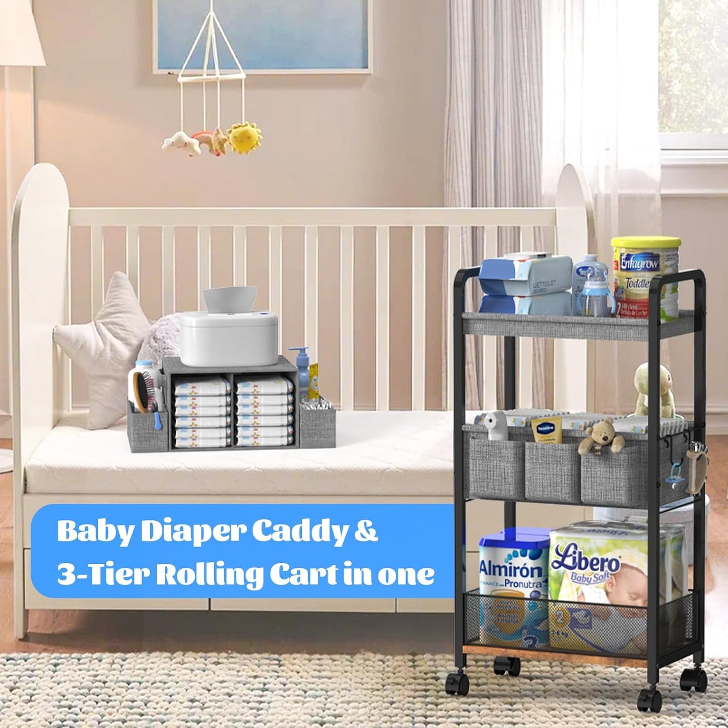 2In1 Baby Diaper Caddy & 3-Tier Rolling Diaper Cart, Caddy Organizer Cart with Dividers, Mobile Metal Bedside Carts for Baby Essentials, Rolling Carts for Newborn Nursery with Wheels, Large Capacity