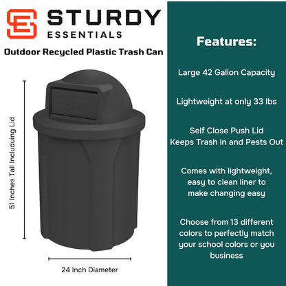 42 Gallon Circle 100% Recycled Plastic Heavy Duty Indoor or Outdoor Commercial Trash Can with Push Open Dome Lid and Internal Liner - Great for Schools and Businesses - Black