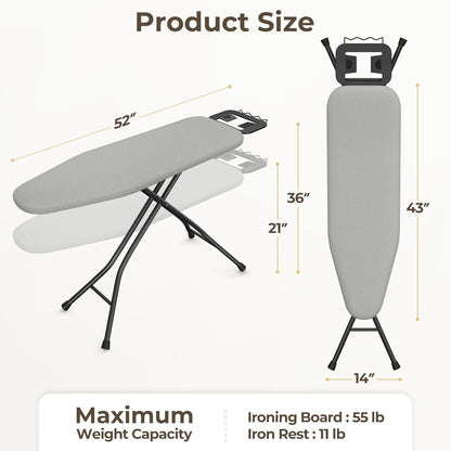 Yaheetech Foldable Ironing Board, Heavy Duty Iron Board with 9 Adjustable Heights, 4 Layer Cover and Safety Iron Rest, 52X14 Compact and Space Save Iron Board for Home Laundry Room Use, Gray