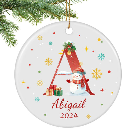 Name Ornaments for Christmas Tree, Custom Initial Monogram Snowman Ceramic Ornament for Kids Boys Girls, Monogrammed Christmas Ornaments 2025