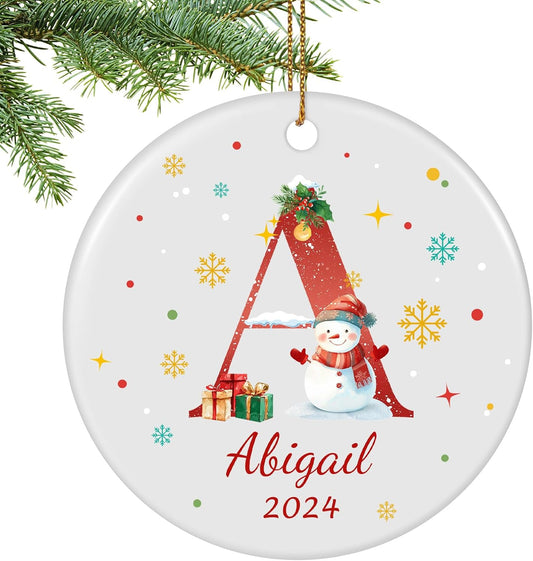 Name Ornaments for Christmas Tree, Custom Initial Monogram Snowman Ceramic Ornament for Kids Boys Girls, Monogrammed Christmas Ornaments 2025