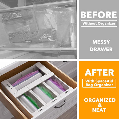 SpaceAid Bag Storage Organizer for Kitchen Drawer, Bamboo Organizer, Compatible with Gallon, Quart, Sandwich and Snack Variety Size Bag (4 Pack), White
