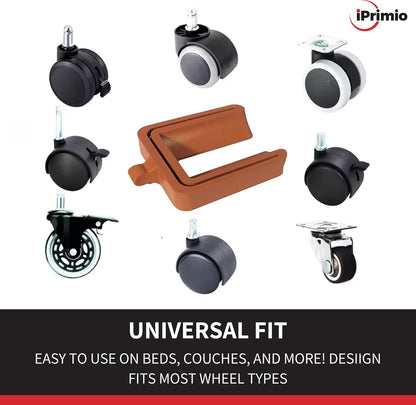 iPrimio No Lift Wheel Stoppers for Rolling Furniture - Bed and Furniture Stopper - Requires No Lifting of Bed - Keeps Bed and Furniture from Sliding Bed Caster Stopper - Solid Rubber (4 Pack, Brown)