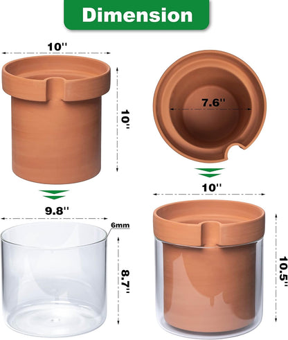 Phoenix Vine 10 Inch Self Watering Planter Pot, Terracotta Clay Pot with Glass Reservoir for Indoor Plants, Herbs, Flowers, Set of 1, 52-A-I-1