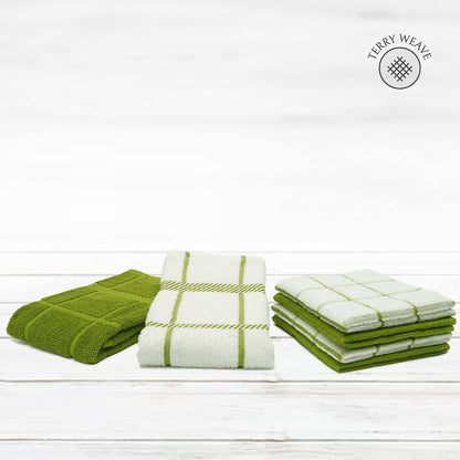 100% Cotton Terry Dish Cloth & Dish Towel, 6 Pack, Super Soft and Absorbent Kitchen Towels, Perfect for Kitchen Cleaning and Dish Washing (Green (DT and DC Combo))