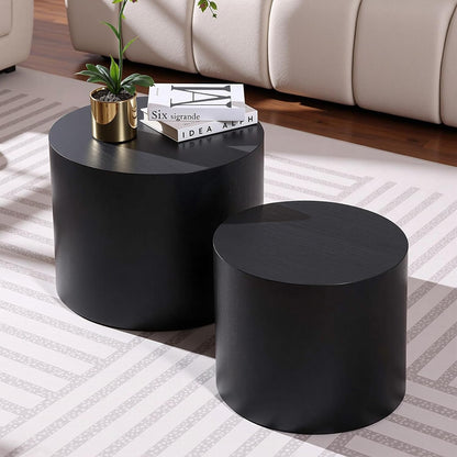 Nesting Coffee Table Set of 2, Modern Round Coffee Table with Non-Slip Feet, Wooden Circle Accent Tables for Small Spaces Living Room Bedroom Balcony Office Drum Side Table (Black)