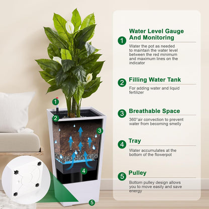 30" Tall Planters Set of 2, Outdoor＆Indoor Black Planter Pots, High Front Porch Planter Pots with Drainage Holes＆Water Level Monitor Movable Wheels ＆Inner Bucket, Automatic Watering, White