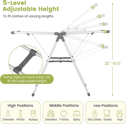 Giantex Clothes Drying Rack, 2-Layer Aluminum Foldable Laundry Drying Rack with 5-Level Adjustable Height, 21 Drying Rails, 10 Side Clips, 4 Shoe Holders, Space Saving Collapsible Laundry Drying Rack