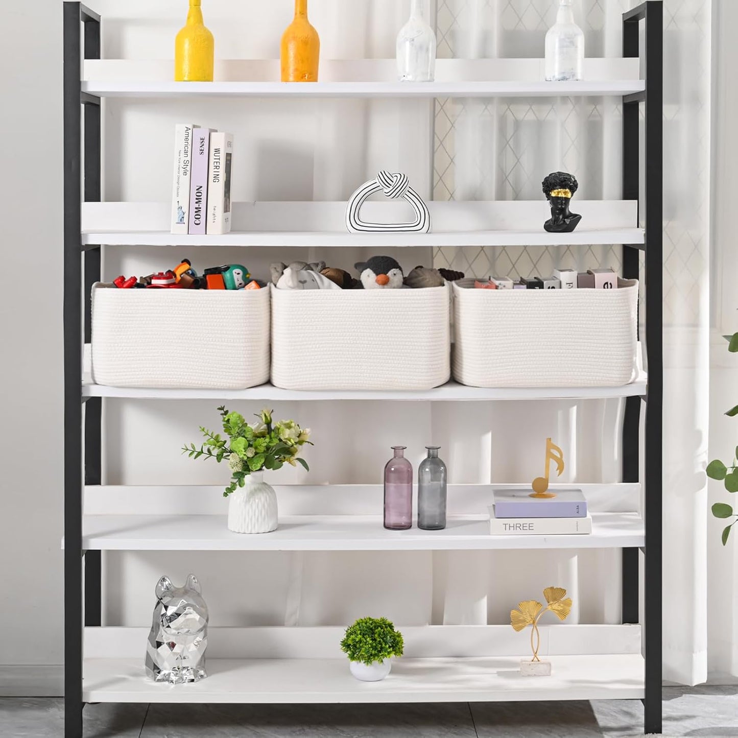 Large Storage Baskets for Organizing Shelves, Woven Cotton Rope Bins for Baby Nursery Organization, Book Toy Towel Organizer, 17"x13"x9.5", 3 Packs, Off White