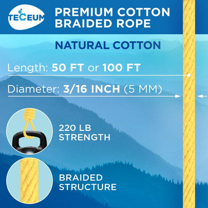 TECEUM Cotton Rope 3/16” (5 mm) – 100 FT – Strong All-Purpose Braided Rope – Natural Cotton – for Crafting, Сamping, Clothes Line, DIY, Indoor & Outdoor Use – Yellow