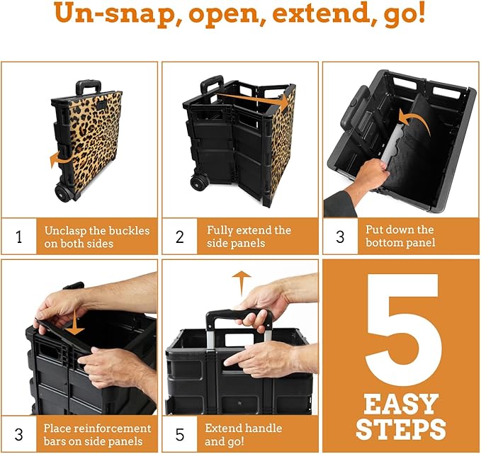 Inspired Living Ultra-Slim Rolling Collapsible Storage Pack-N-Roll Utility-carts, with Telescopic Handle, for Home, Garden, Shopping, Office, School use, Large, Leopard