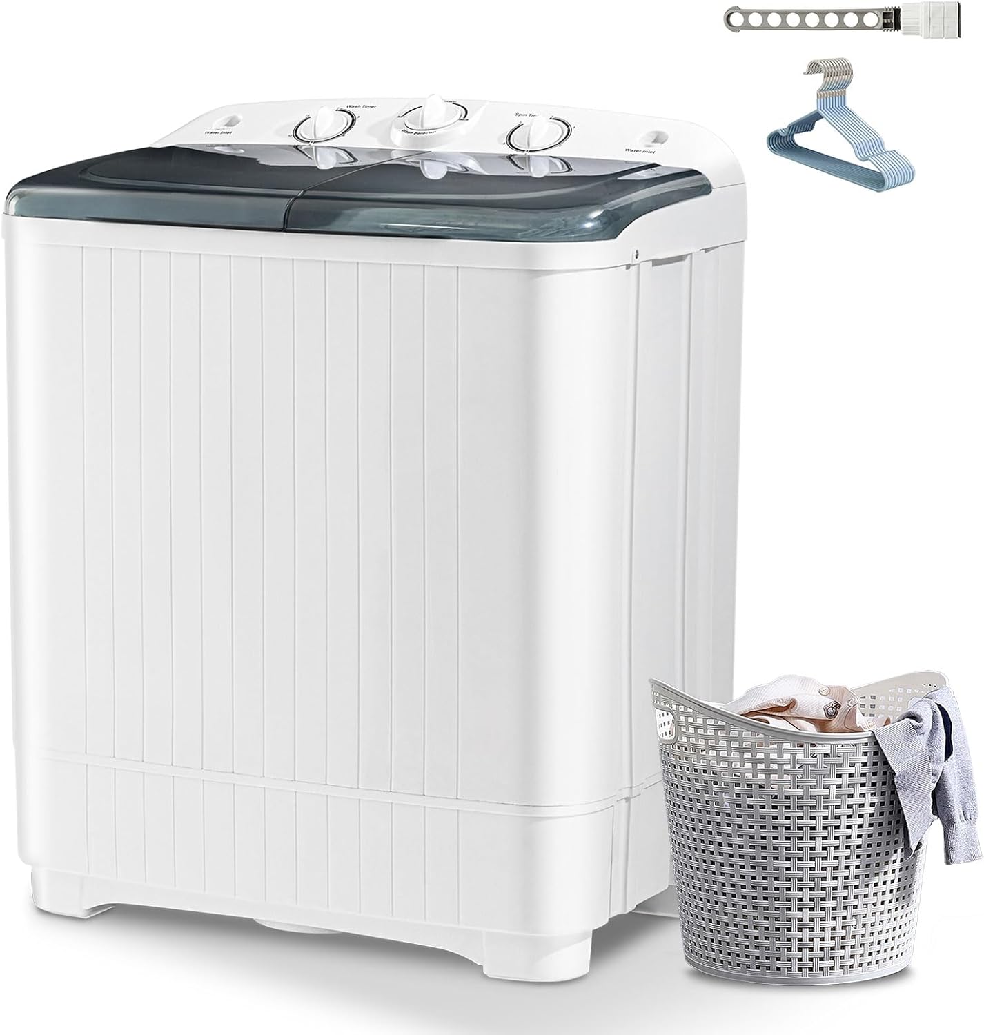 Portable Mini Twin Tub 32lbs Washing Machine With Drying Rack& 10 Hangers, 20lbs Washer & 12lbs Spinner, Small Laundry Washer with Time Control for Camping, Apartments, RV (32lbs)