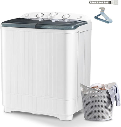 Portable Mini Twin Tub 32lbs Washing Machine With Drying Rack& 10 Hangers, 20lbs Washer & 12lbs Spinner, Small Laundry Washer with Time Control for Camping, Apartments, RV (32lbs)