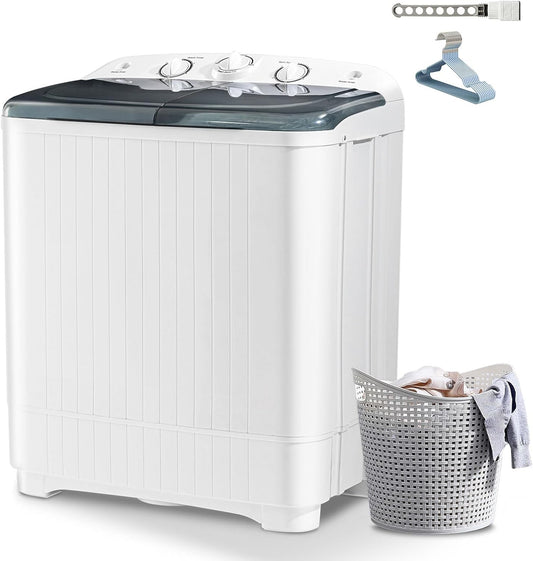 Portable Mini Twin Tub 32lbs Washing Machine With Drying Rack& 10 Hangers, 20lbs Washer & 12lbs Spinner, Small Laundry Washer with Time Control for Camping, Apartments, RV (32lbs)