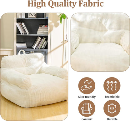 Bean Bag Chair for Adults - Faux Fur, Fluffy and Comfy with Filler, Big Sofa for Reading, Gaming (Beige, Oversize)