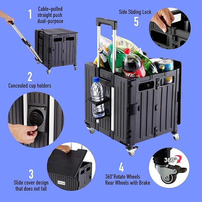 Folding Utility Cart Portable Rolling Crate Handcart Shopping Trolley Collapsible Tool Box, with Lid, on 4 Rotate Wheels, for Grocery, Shopping, Office, Teacher, Camp(Black)