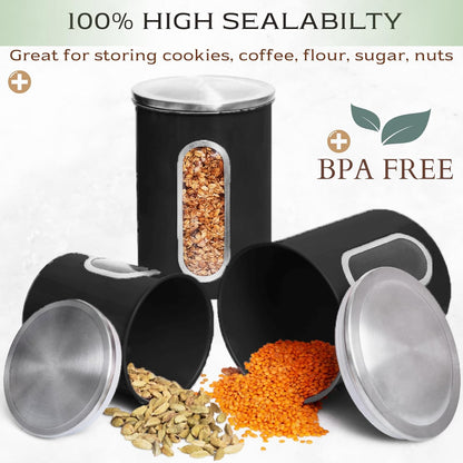 Moss & Stone 3-Piece Black Canisters Sets For The Kitchen, Airtight Canister Set With See Through Window, Storage Jars for Coffee Container, Tea Organizer & Sugar Canister, Black Kitchen Canisters