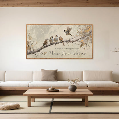 Aurlan His Eye is on the Sparrow Christian Wall Art Framed(40"x20"), Vintage Neutral Birds on Tree Branch Nature Canvas Artwork, Religious Faith Gift Bible Verse Scripture Print Decor for Home Office Bedroom
