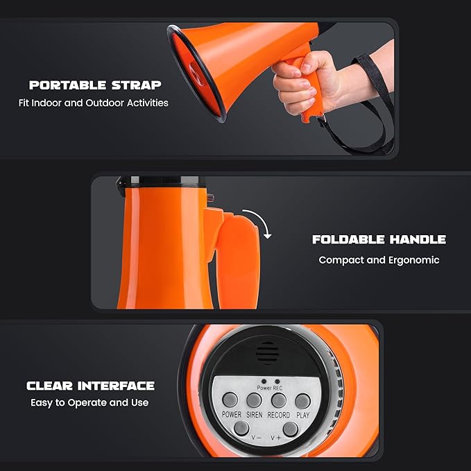 MyMealivos Portable Megaphone Bullhorn 20 Watt Power Megaphone Speaker Voice and Siren/Alarm Modes with Volume Control and Strap (Orange)