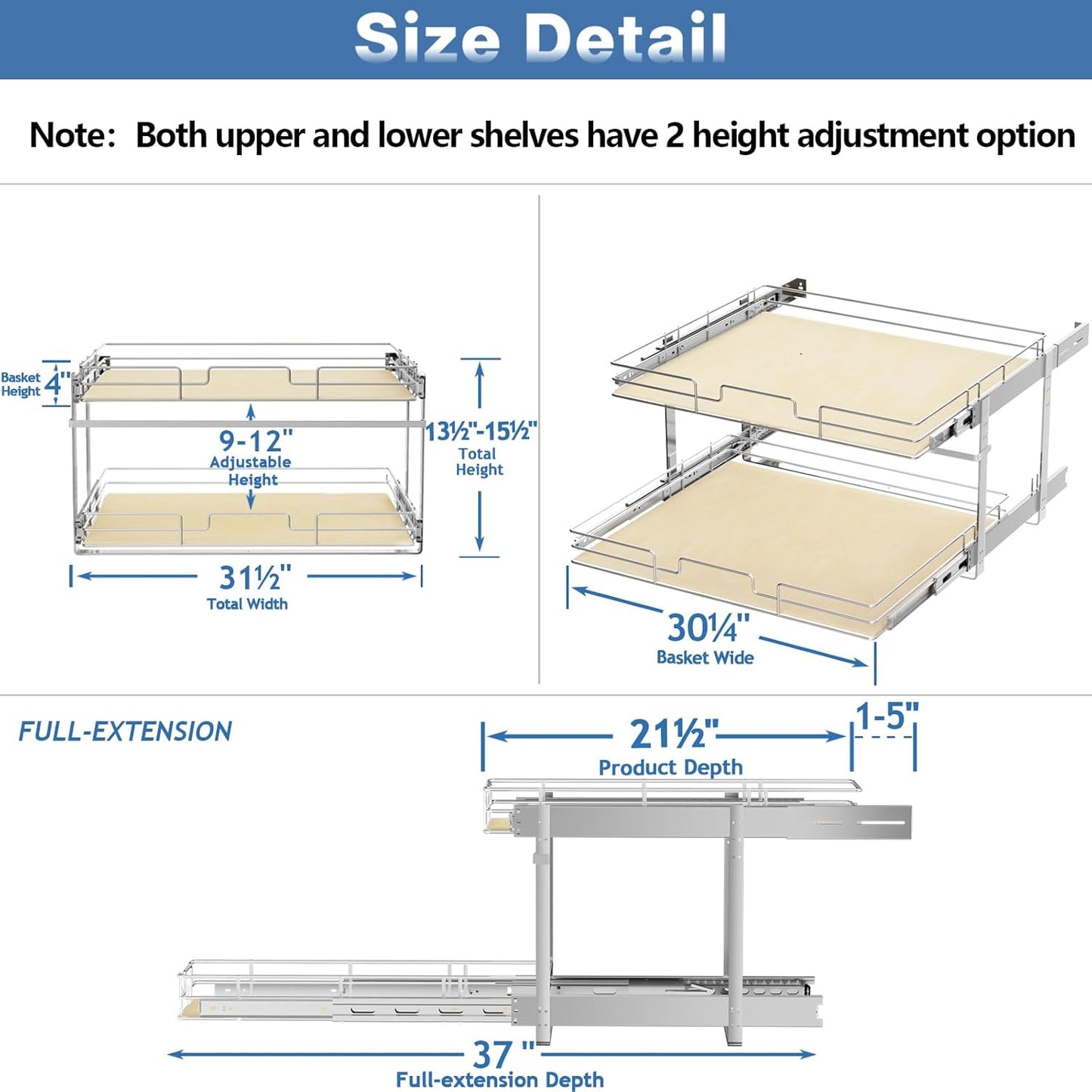 ROOMTEC 2 Tier Individual Pull Out Cabinet Organizer 31½"W x 21½"D, Slide Out Wood Shelves Organizers, Pull Out Drawers Organization and Storage for Kitchen Cabinet