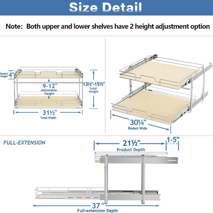 ROOMTEC 2 Tier Individual Pull Out Cabinet Organizer 31½"W x 21½"D, Slide Out Wood Shelves Organizers, Pull Out Drawers Organization and Storage for Kitchen Cabinet