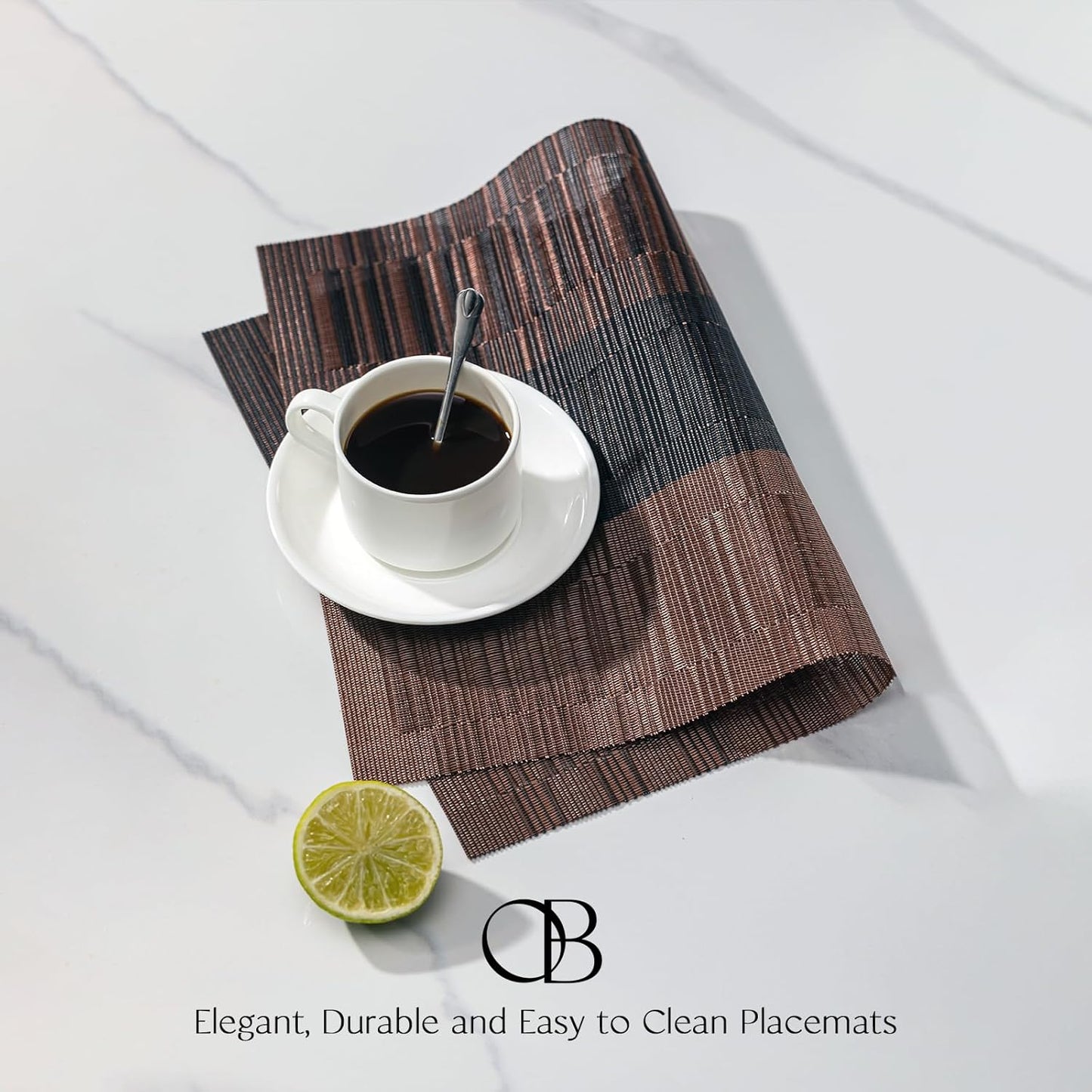 Placemats Set of 4 - Easy Clean Woven Vinyl Placemats for Dining Table, Indoor/Outdoor Place Mats, Washable PVC Table Mats （Ombre Brown Black）