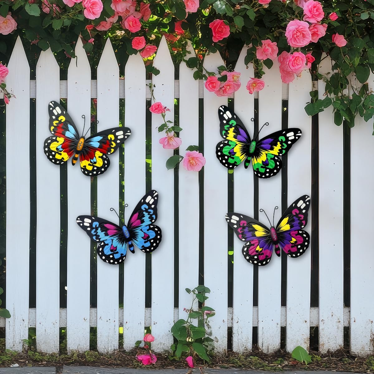 EOORAU Metal Butterfly Wall Art Outdoor Decor - 4 Pack 9.8in Butterflies Wall Sculpture Hanging Decor for Home Yard Patio Garden Decoration (4 Colors)