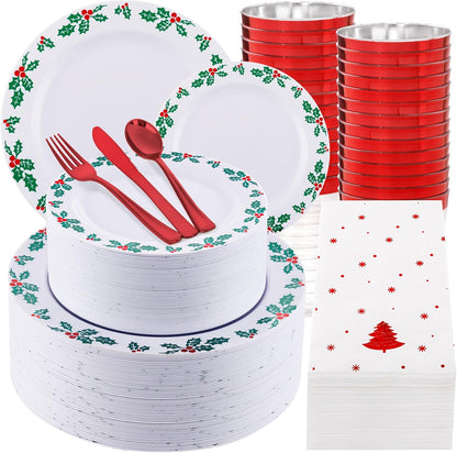 WDF 350pcs Christmas Plates and Napkins Set - Exquisite Holly Design - Christmas Dinnerware Set of 50 Christmas Plastic Plates 50 Red Silverware Set&Cups&Christmas Napkins