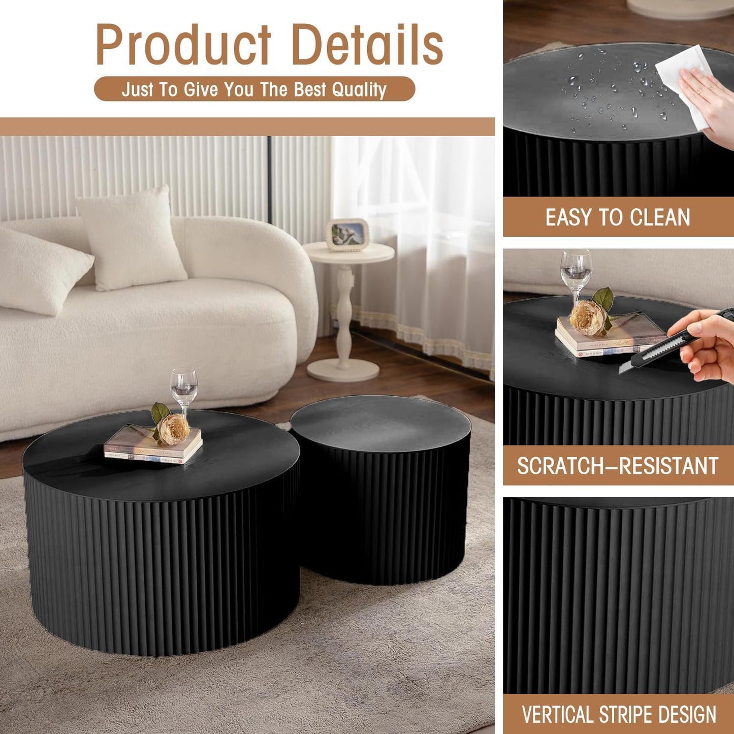 Round Coffee Table Set of 2, Nesting Coffee Table and End Table Set Small Circle Drum Side Table for Living Room Office, No Assembly (A Black Large)
