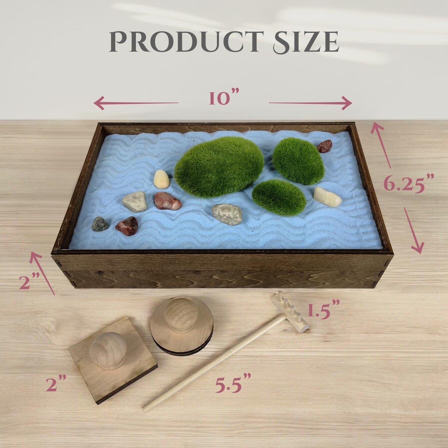 Wooden Stackable Zen Garden | Blue Oasis Sand with Rake & Accessories | Minimalist Decor Gift for Relaxation