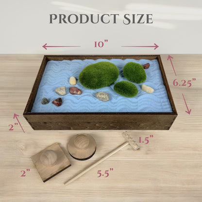 Wooden Stackable Zen Garden | Blue Oasis Sand with Rake & Accessories | Minimalist Decor Gift for Relaxation