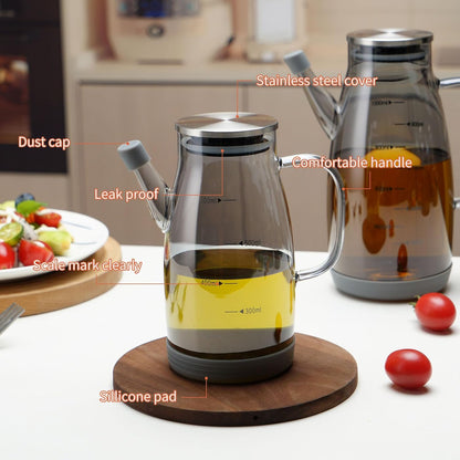Large Glass Oil Dispenser Bottle for Kitchen Cooking Recipiente Para Aceite De Cocina Olive Oil Vinegar Dispenser Cruet Stainless Steel Lid No Drip Liquid Container (Grey, 20oz / 600ml)
